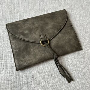 Anthropologie Faux Leather Envelope Clutch Gray Distressed Tassel Minimalist